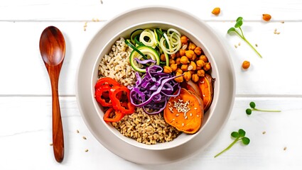 Wholesome Buddha Bowl with Brown Rice, Roasted Sweet Potato, Chickpeas, and Vibrant Vegetables.
