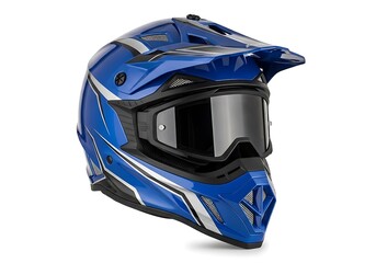 Dynamic blue motocross helmet with goggles, isolated on a white background. Essential protective headgear for off-road dirt bike racing and extreme sports safety