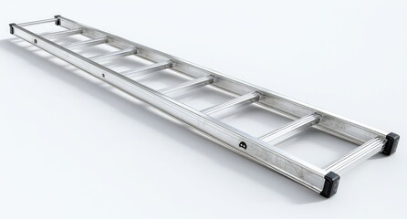 Long, metallic extension ladder