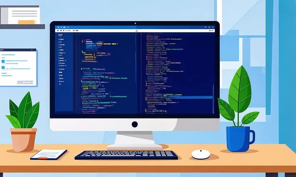 Modern workspace illustration with computer and code