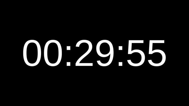 Countdown timer from 30 minute to 29 minute with white number on black background. Countdown timer for deadline reminders, time management concepts, and scheduling