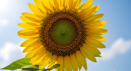 Naklejka premium The radiant sunflower displays its golden petals against the vast expanse of the serene sky, capturing the essence of summertime splendor and natural grace with an unwavering optimism