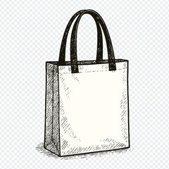 Hand-Drawn Tote Bag Sketch – 3D Perspective Illustration of Canvas Bag with Handles and bag, shopping, handbag, gift, object, fashion, vector, buy, purse, paper, sale, retail, handle.
