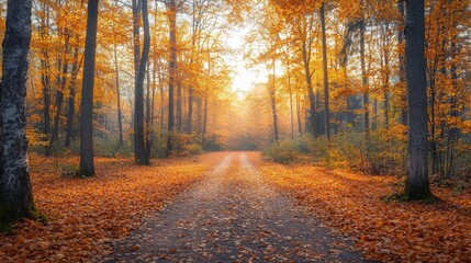 Obraz premium Sunlit Autumn Forest Path with Golden Leaves