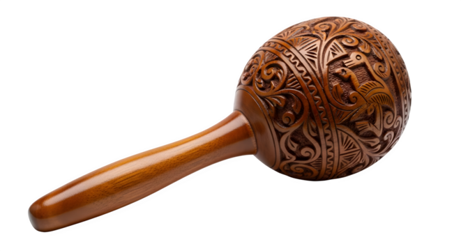 Hand carved wooden maraca isolated on transparent background, a traditional musical instrument with intricate patterns and a smooth handle for playing