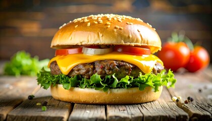 classic cheeseburger with fresh vegetables on rustic table