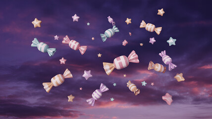 Colorful candies and stars floating in the sky with clouds at dusk time