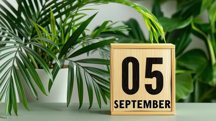 Calendar block displaying the date September 05, surrounded by lush green foliage, symbolizing International Day of Charity and the spirit of giving and kindness