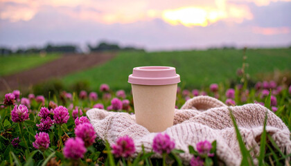 Coffee Cup in Blooming Meadow: A coffee cup sits nestled on a cozy blanket amidst a vibrant display of pink flowers in a sun-kissed field, epitomizing serenity and the simple pleasures of life.