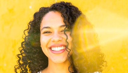 Smiling Woman with Curly Hair Against a Vibrant Yellow Background.