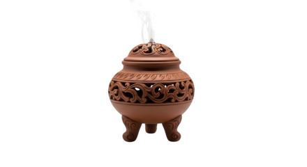 Ceramic incense burner with intricate dragon carving isolated on transparent background, a traditional pot for aroma therapy, meditation, and relaxation