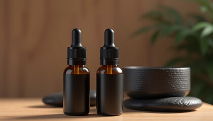 Amber Glass Essential Oil Bottles with Spa Stones.