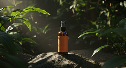 Amber Liquid Bottle on Rock Amidst Green Foliage and Sunlight.