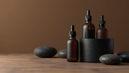 Amber Essential Oil Bottles with Black Stones.