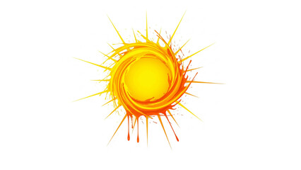 Bright yellow and orange paint splashes forming abstract sun shape, renewable solar energy vector, white background.