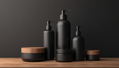 Minimalist Black Cosmetic Bottles and Jars with Wooden Lids 1.