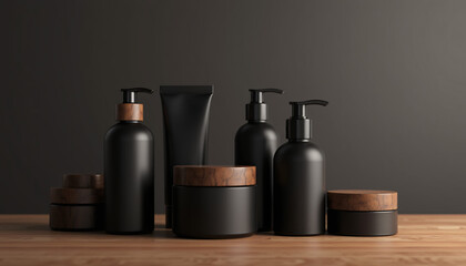 Minimalist Black Skincare Product Collection with Wooden Accents.
