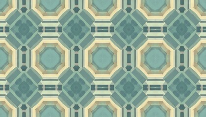 Repeating Octagon and Square Pattern in Teal and Beige
