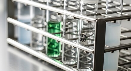 Close-up of a metal rack holding various glass test tubes in a laboratory setting.