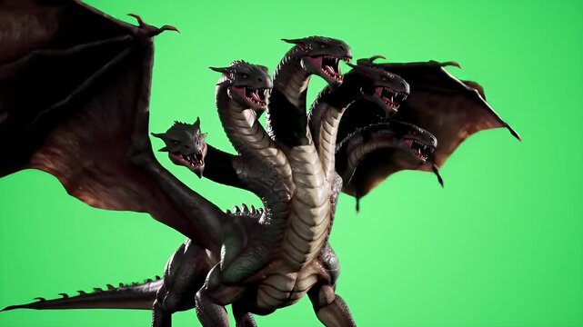 Aggressive Hydra Roaring and Lifting its Heads Against a Green Screen Background for Easy Compositing Featuring a Multi-Headed Mythical Creature Design and Ready for Visual Effects Projects