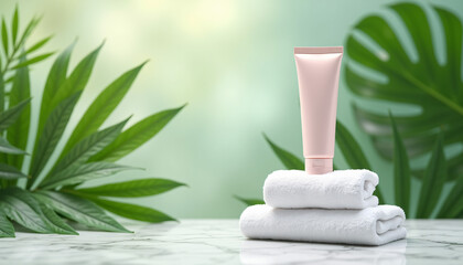 Natural Skincare Product with Lush Greenery and Towels.