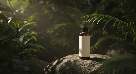 Natural Skincare Bottle in Forest Setting.