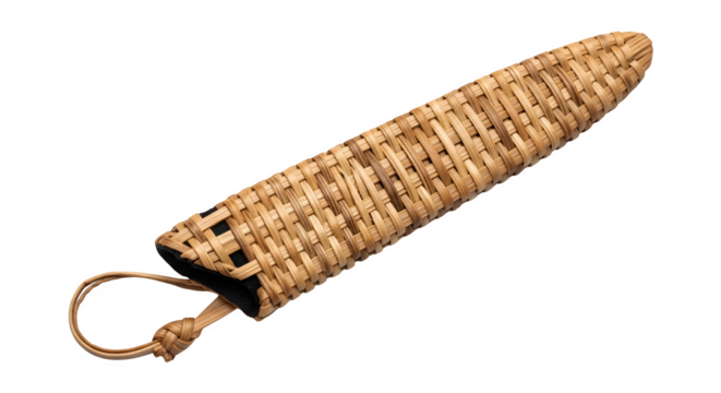 Handmade woven straw knife sheath, isolated on transparent background, showcasing rustic craftsmanship and traditional design for blade protection