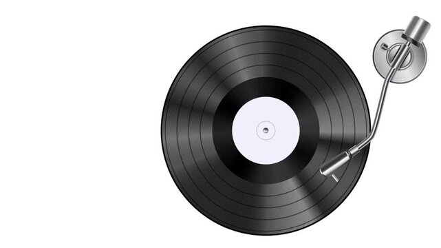 Looping Animation A black vinyl record with a white label and a silver tone arm on white background