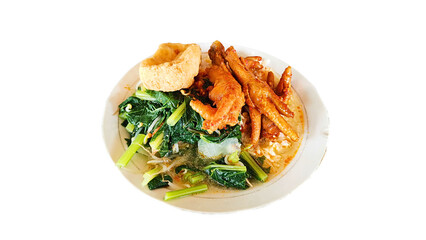 High-quality PNG image of a plate with steamed rice, vegetables, and chicken feet served as a traditional meal. Isolated on a transparent background for food-related design projects