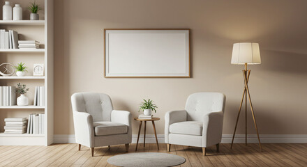 Cozy Living Room Interior with Armchairs and Bookshelf.