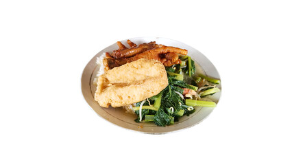 Isolated PNG image of a savory dish featuring white rice, green vegetables, and braised chicken feet on a plate. Ideal for menu mockups, food apps, or culinary design visuals.
