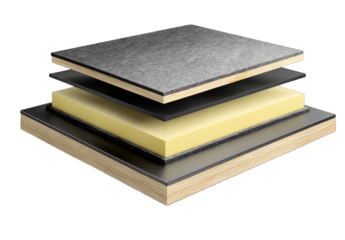 Multi-layered composite material.  Stacked layers of insulation, dark gray top, light yellow foam, black backing, and light wood base