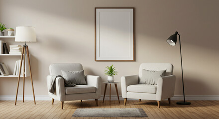 Cozy Living Room Interior with Armchairs and Lamp.