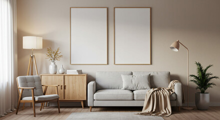 Cozy Living Room Interior with Sofa Armchair and Blank Frames.