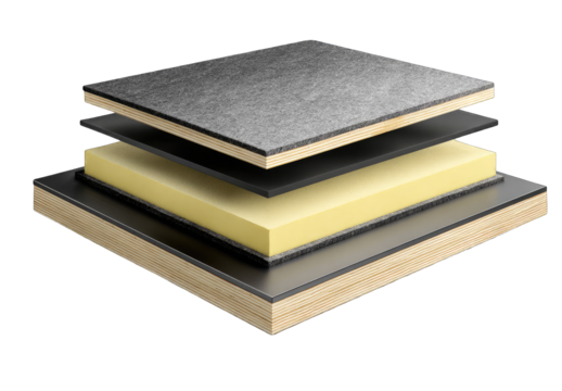 Multi-layered composite material.  Stacked layers of insulation, dark gray top, light yellow foam, black backing, and light wood base