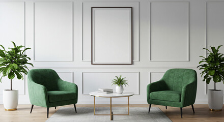 Minimalist Living Room with Green Armchairs.