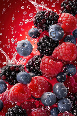 Fresh Berry Splash on Red – AI Generative
