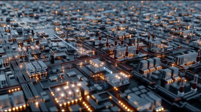 Agentic AI autonomous innovation. AI agent innovation. Intelligent automation smart system. A close-up of a futuristic circuit board with illuminated components.