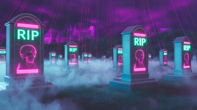 Neon tombstones with skull images stand in a foggy graveyard at night