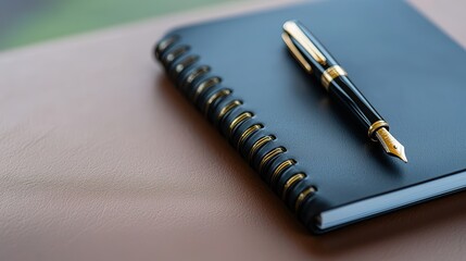 A luxury pen and notebook on a leather surface with warm lighting, balanced composition with ample copy space for text, advertising background
