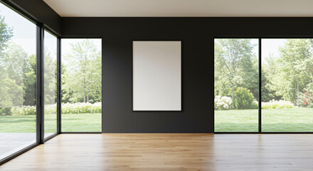 Modern Interior with Garden View and Blank Canvas.