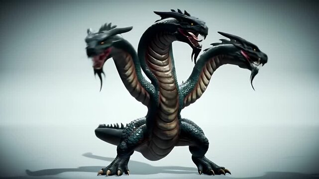 Dark Blue Pixelated Three Headed Hydra in Sequential Attack Strikes on Gradient Background A Menacing Mythological Creature with Scales Teeth and Claws Isolated for Epic Fantasy Game Assets