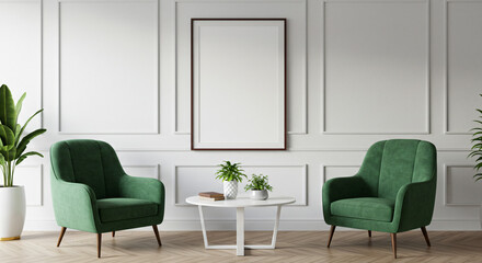Modern Living Room Interior with Green Armchairs.