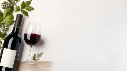 A bottle of wine and a glass on a wooden table with soft lighting, balanced composition with ample copy space for text, advertising background