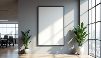 Modern Office Interior With Blank Poster and Natural Light.
