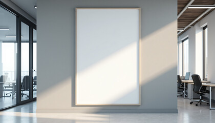 Modern Office with Blank Poster and Sunlight.