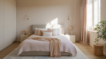 Fototapeta premium Serene Bedroom Oasis: A beautifully designed bedroom, exuding tranquility. Soft colors, natural light, and elegant furnishings create an atmosphere of relaxation and comfort. 