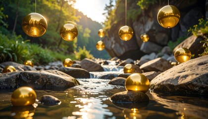 Golden spheres suspended and resting on rocks in a sunlit stream