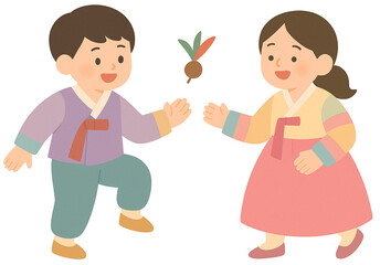 Korean Kids Playing Jegichagi in Hanbok