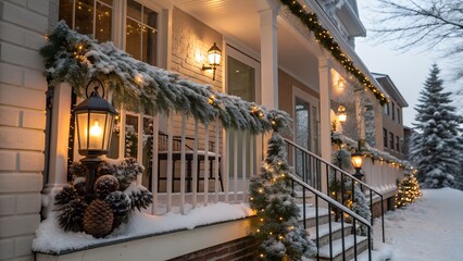 Cozy Frosted Christmas Balcony with Warm Lights USA